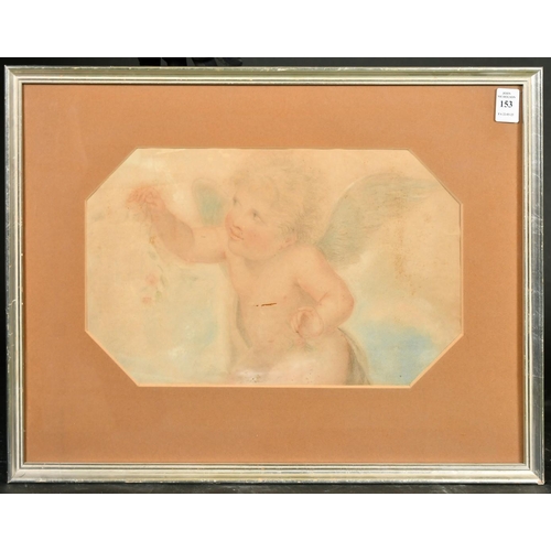 153 - 19th Century, a pastel study of a cherub scattering flowers, in an octagonal mount, 8.5