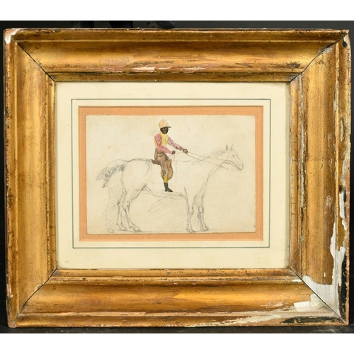 160 - Late 18th / Early 19th Century, a race horse with a black jockey, pencil and watercolour, 3.5