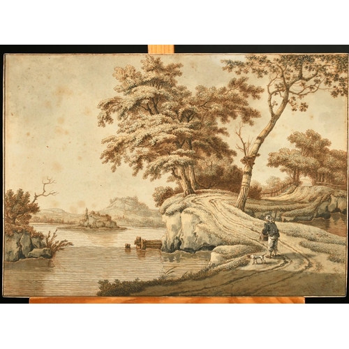 164 - 18th / 19th Century Dutch School, a figure and his dog on a riverside path, watercolour, indistinctl... 