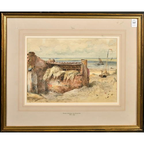 165 - Attributed to Willem Van Deventer (1824-1891), a brick shelter on an open beach, watercolour, 9.75