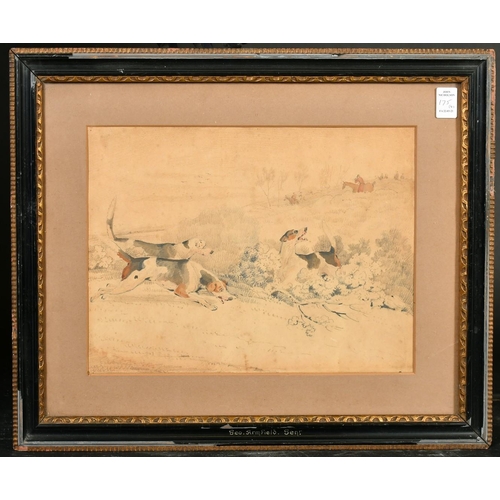 175 - Circle of Henry Alken, a set of three pencil and watercolour scenes of hunting dogs, each 10