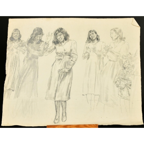 187 - Attributed to Erich Wolfsfeld (1884-1956) German, Women clapping and a child watching, pencil and cr... 