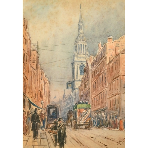 193 - A.R. Collis, Circa 1895, figures and a church on a busy London street, watercolour, signed with init... 