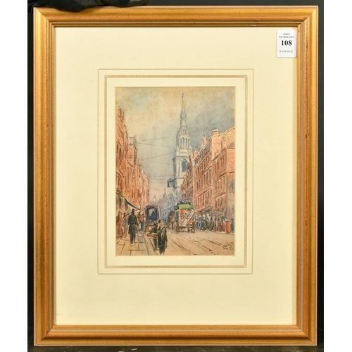 193 - A.R. Collis, Circa 1895, figures and a church on a busy London street, watercolour, signed with init... 