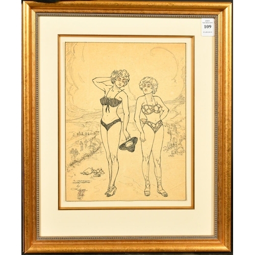 196 - Walter Macdade, circa 1957, An ink drawing of two females in bikinis, signed and dated, 10.75