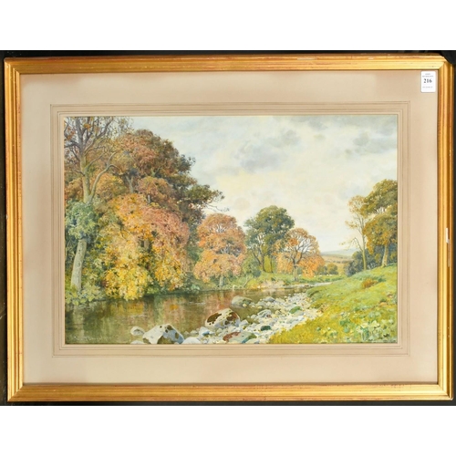 216 - John McDougal, 'Autumn Tints, Bolton Abbey, Yorks', watercolour, signed and dated 1930, label verso,... 