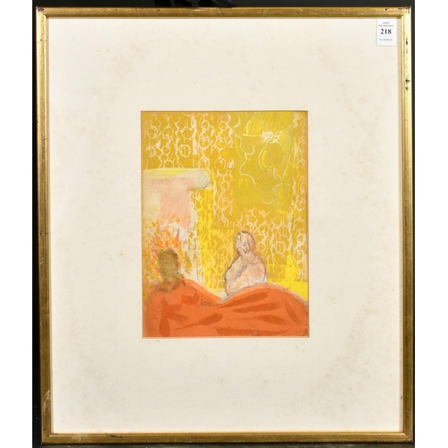 218 - Circle of Pierre Bonnard, Two figures in a stylized interior, mixed media, pencil and gouache, 10.25... 