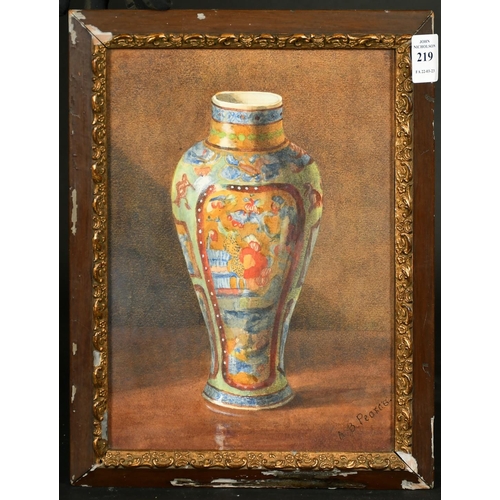 219 - A.B. Pearce, A still life of a Chinese vase, watercolour, indistinctly signed, 10.25