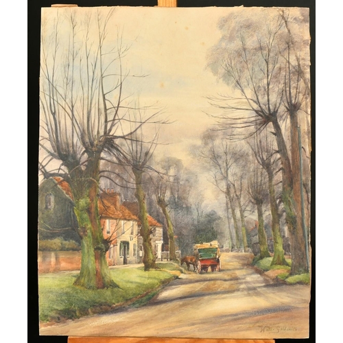 222 - Walter Goldsmith, A horse and cart on a village road, watercolour, signed, 14.25