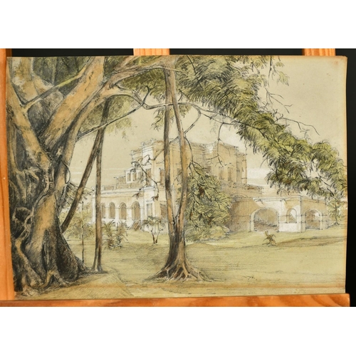 228 - Circle of G.B Campion, View of a grand house through trees, pencil and watercolour heightened with w... 