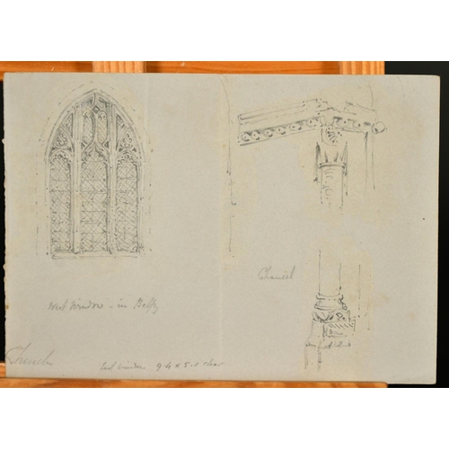 230 - Circle of John Ruskin, Studies of ecclesiastical details, a glass window and pillar, pencil on grey ... 