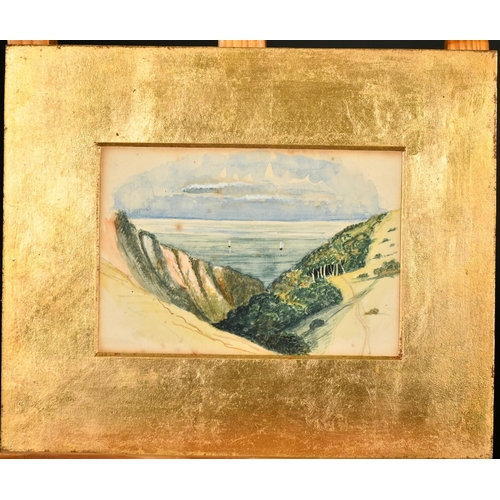 234 - Circle of William Dyce, A cliff top coastal path overlooking a bay, watercolour, 3.5