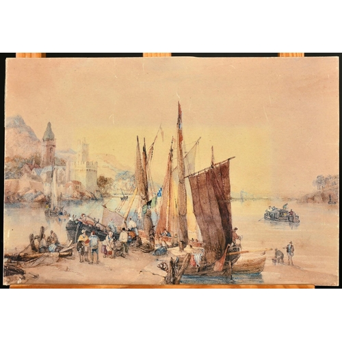 235 - Circle of William Leighton Leitch, A busy Continental river harbour, watercolour, 6.5