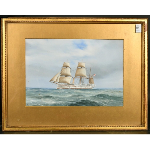 240 - Attributed to Gaetano Esposito (1858-1911) Italian, A steam sail ship flying a white ensign on the o... 