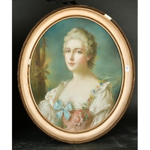 241 - 19th Century School, Oval portrait of a pretty lady wearing a white dress with a blue bow and should... 