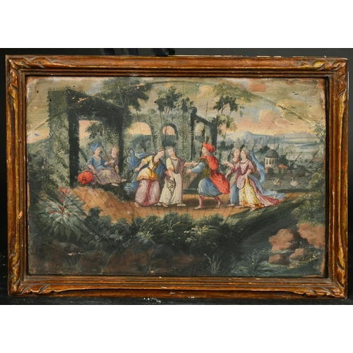 243 - An Antique extended fan painting of elegant figures conversing in a garden near ruins, paper laid do... 