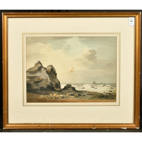 245 - Early 19th Century English School, A rocky coastal scene with ships on the horizon, watercolour, 9.7... 