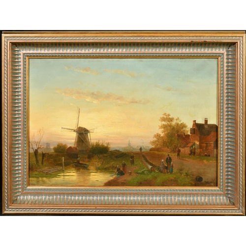 261 - Late 19th/Early 20th Century Dutch School, figures gathered by a windmill at dusk, oil on canvas, in... 