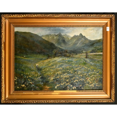 272 - Late 19th Century School, a Continental alpine scene with a figure collecting wildflowers, oil on ca... 