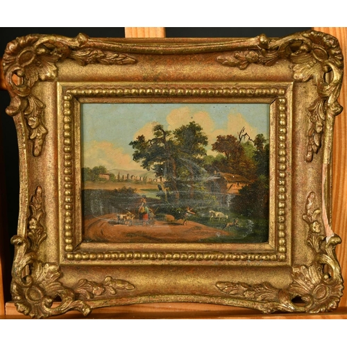 273 - 20th Century Continental School, figures and livestock in a landscape, oil on metal, 3.25