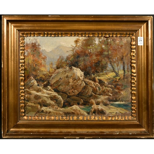 279 - David Hewitt (20th Century), a rocky river landscape with mountains beyond, oil on panel, 12