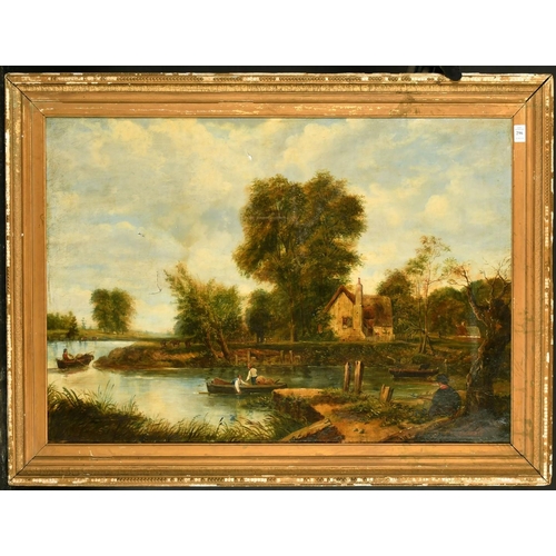 296 - 19th Century English School, A river landscape with a dwelling, figures in boats and cattle grazing ... 