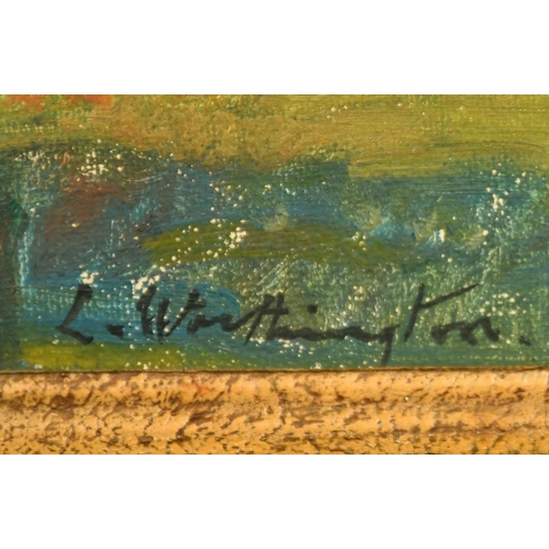 307 - L. Worthington, A rural landscape with green fields and trees, oil on board, signed, inscription ver... 