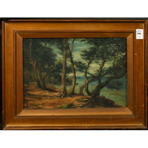 311 - Continental School 19/20th School, Trees on the edge of a shore, oil on board, indistinctly signed a... 