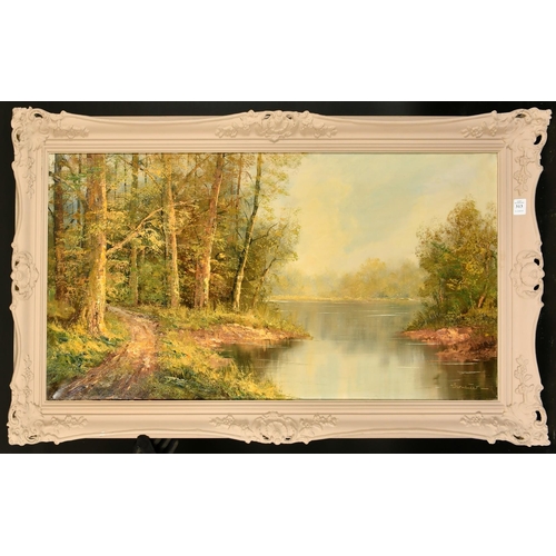 313 - 20th Century, A lake scene with trees, oil on canvas, indistinctly signed, 20