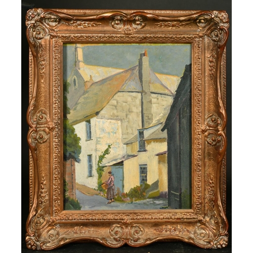 317 - Cornish School, Female figure on a street, oil on board, bears signature, 15.75