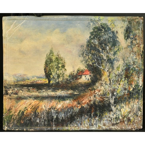 318 - Early 20th Century, an oil on canvas sketch of building in a landscape, indistinctly signed, 8.75