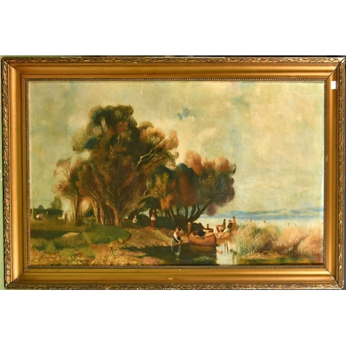 320 - Kelemen (Early 20th Century), figures gathered by the water's edge, oil on canvas, signed, 29.5