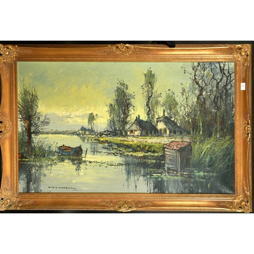 322 - Early 20th Century Continental School, a river landscape, oil on canvas, indistinctly signed, 23.75