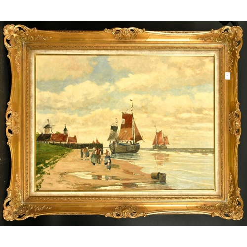 323 - Adolf Hilgers (1879-1944) German, figures on a beach with barges moored close by, oil on canvas, sig... 