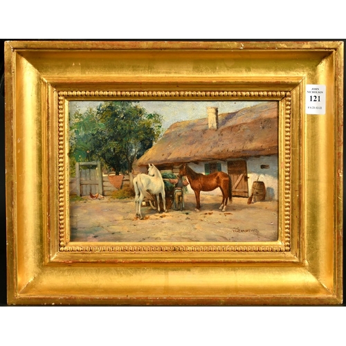 324 - Gyorgy Nemeth (1890-1962) Hungarian, a figure and two horses in a farmyard, oil on panel,  signed, 6... 