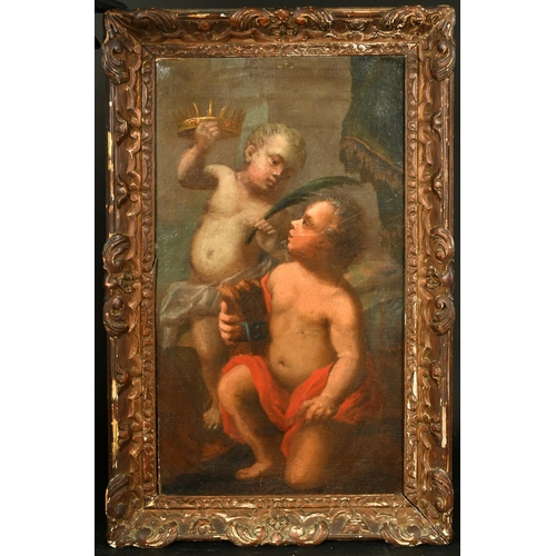 327 - Continental School, Crica 1800, a scene of two cherubs one holding a crown, oil on canvas laid down,... 