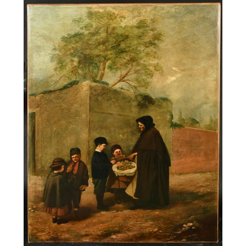 329 - 19th Century English School, a lady selling apples to children, oil on canvas, 44