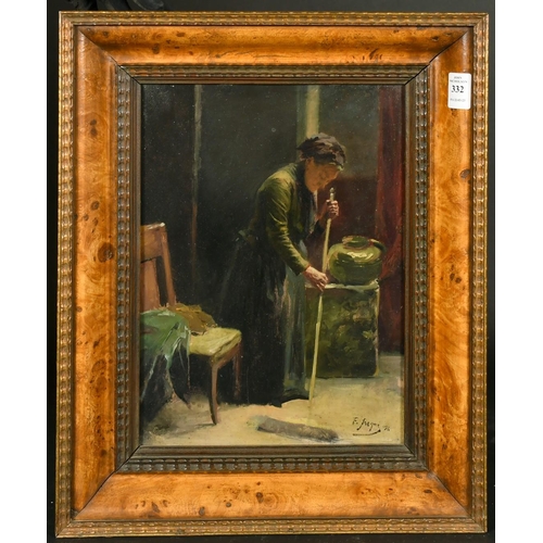 332 - F. Jacques, French School, Circa 1896, female figure sweeping, oil on mahogany panel, signed and dat... 