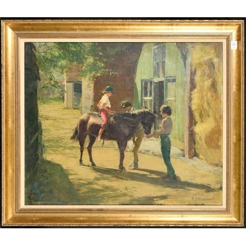 333 - Harry Freckleton (1890-1979) British, three children with a pony outside farm buildings on a summer ... 