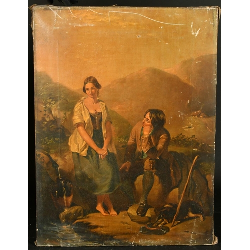 343 - 19th Century School, country lovers by a mountain spring, oil on canvas, 24