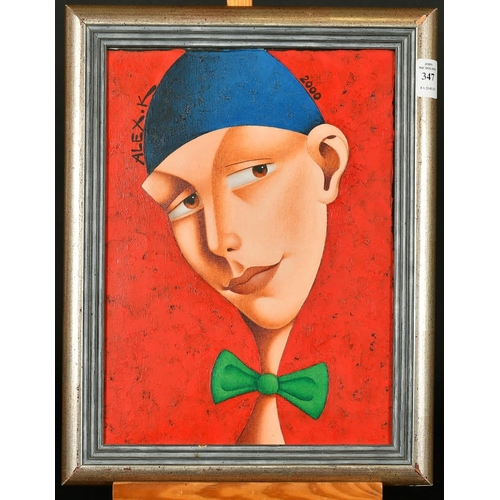 347 - Aleksey Kiryanov (b. 1954), a stylised head study of a figure with a bow tie, acrylic on canvas, sig... 