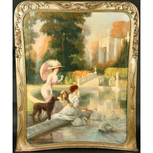 354 - Jules Lentrein (1875-1943) Belgian, elegant female figures and swans in a formal garden, oil on canv... 