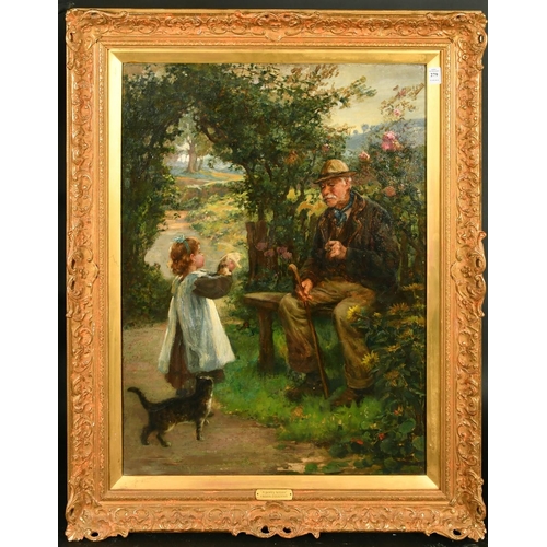 355 - Attributed to Frank Coleman (late 19th Century), a young girl showing an elderly wayfarer a kitten, ... 