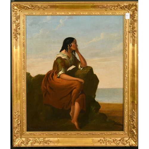 356 - 19th Century Continental School, A young woman seated on rocks looking out to sea, oil on canvas, 25... 