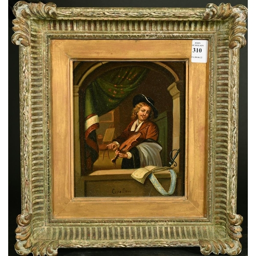 359 - After Gerrit Dou, A violinist at a window, oil on metal, 8.5