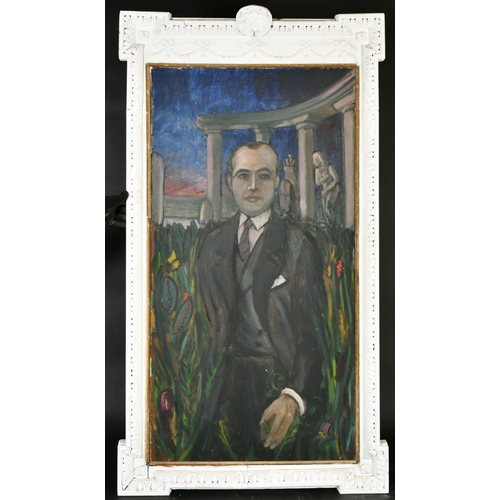 362 - Mid 20th Century, A portrait of a gentleman standing in a garden with marble statues beyond, oil on ... 