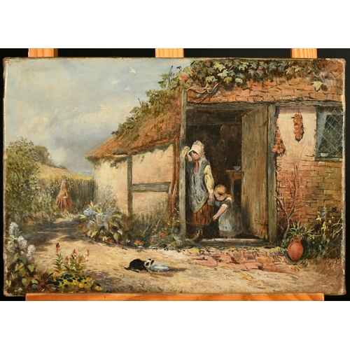 363 - English School, A lovely painting of figures by the old cottage door with two kittens and a saucer o... 