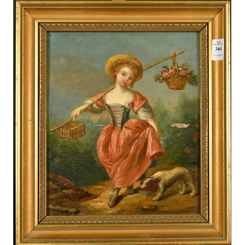 364 - Manner of Francois Boucher, A young girl carrying a basket of flowers and a small bird cage accompan... 