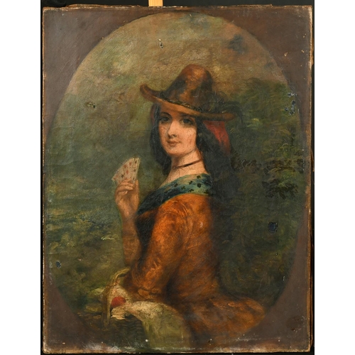 367 - Follower of Charles Baxter, A lady holding playing cards, oil on canvas, 17.5