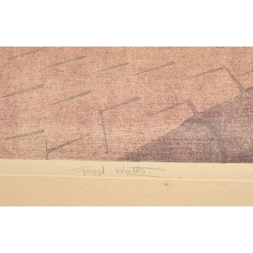 37 - Merryl Watts, 'Red roofs', colour woodblock, signed, numbered 4/50 and inscribed in pencil, 9.75